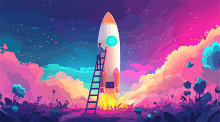 vector man standing near rocket in backyard .Generative AI