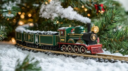 A toy train going round the Christmas tree