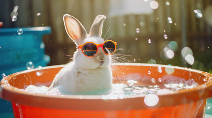 Relaxing White Rabbit in Hot Tub, Sunglasses, Playful Humor, Fujifilm Superia X-tra 400 Aesthetic