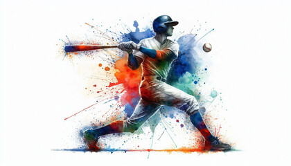 Watercolor abstract illustration of a baseball player. Sportsman in action during colorful paint splashes on white background