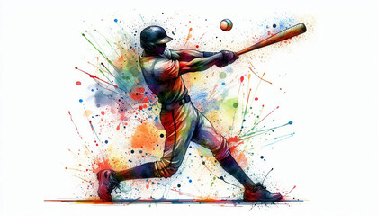 Naklejka premium Watercolor abstract illustration of a baseball player. Sportsman in action during colorful paint splashes on white background