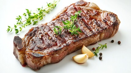 Grilled Steak on White Background with Fresh Herbs