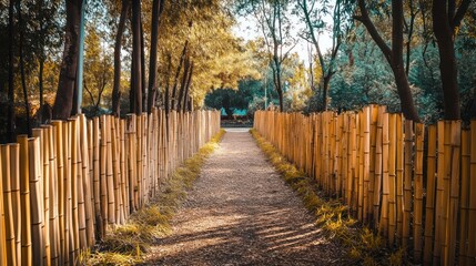 A serene pathway lined with bamboo, inviting exploration through a tranquil forest setting.
