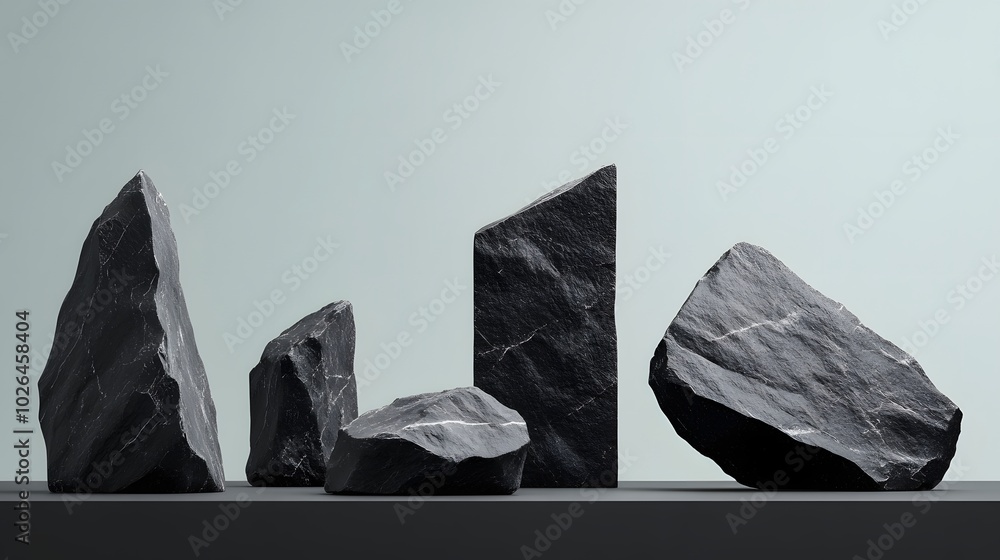 Poster 3. a minimalist scene showcasing a variety of black rock shapes with clean lines and sharp angles, i