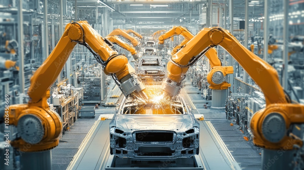 Aufkleber robotic arms in an automotive factory assembling vehicles, showcasing the integration of technology 