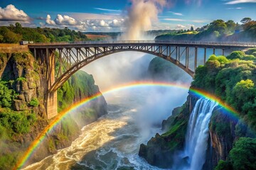 Fototapeta premium Panoramic view of Victoria Falls Bridge with rainbow in background