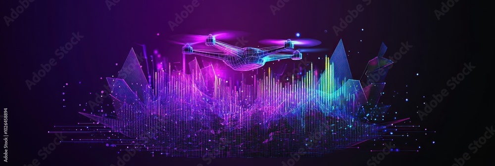 Poster a futuristic drone hovering above a vibrant digital landscape of colorful data visualizations.