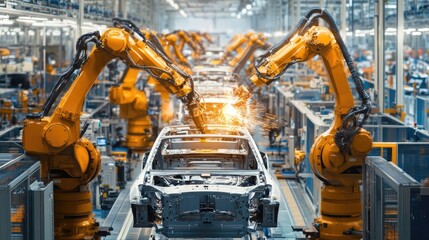 Robotic arms on an automotive assembly line manufacturing vehicles, demonstrating automation and cutting-edge technology