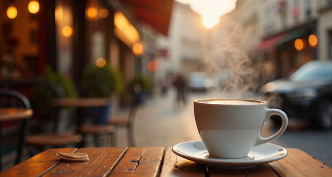 A charming scene of a steaming hot cup of coffee placed on a rustic wooden table at a picturesque Parisian caf&eacute;