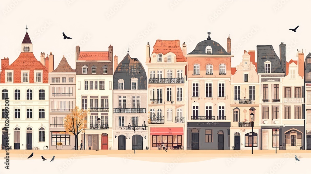 Poster a charming row of colorful buildings with varied architectural styles and autumn elements.