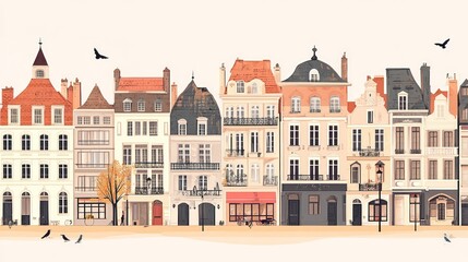 Fototapeta premium A charming row of colorful buildings with varied architectural styles and autumn elements.