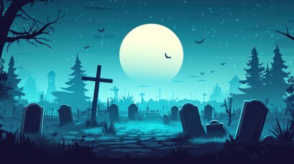 Naklejka premium A spooky graveyard scene under a full moon, with tombstones and bats in a misty atmosphere.