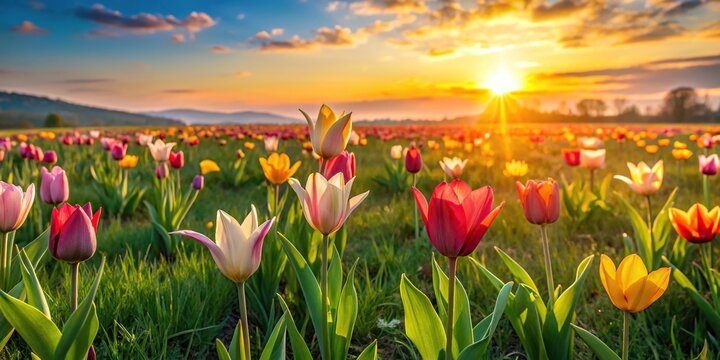 Panoramic view of wild steppe tulips Tulipa Biflora blooming on a meadow during a sunny evening