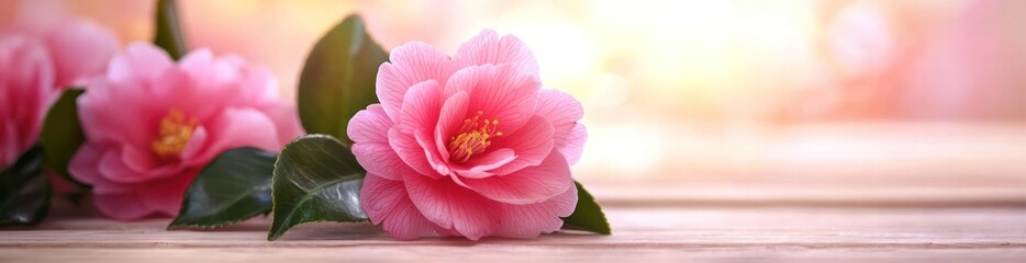A close-up of pink camellia flowers on a wooden surface with a soft, blurred background.
