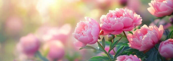 Fototapeta premium A vibrant close-up of pink peonies blooming in a sunlit garden.