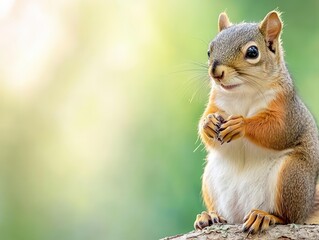 Obraz premium Squirrel with paws clasped, sitting on a branch, small creature, forest meditation