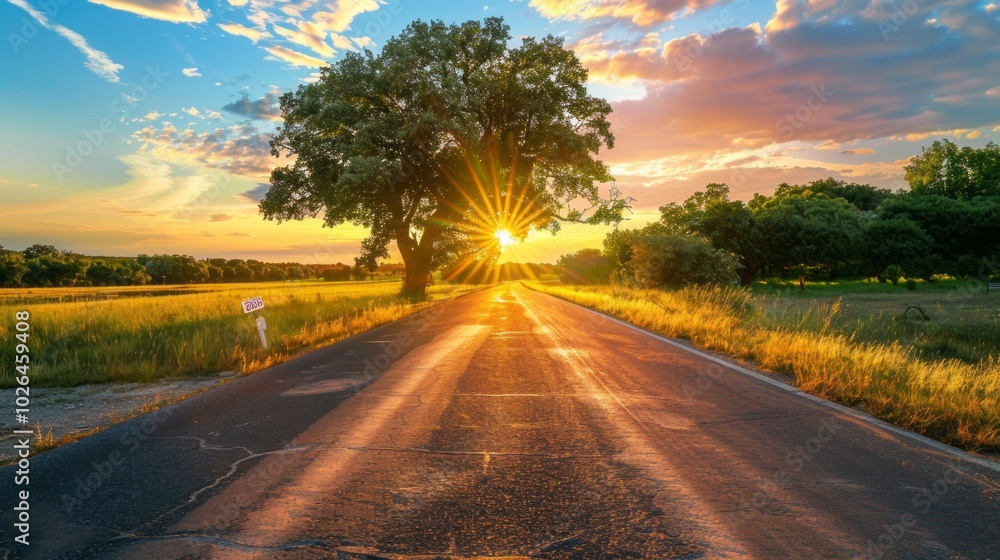 Poster a road with a tree in the middle and a sun shining on it