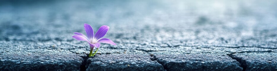 A delicate purple flower growing through textured gray pavement, symbolizing resilience.