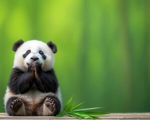 Obraz premium Panda with paws together, sitting in a bamboo grove, gentle giant, calm prayer