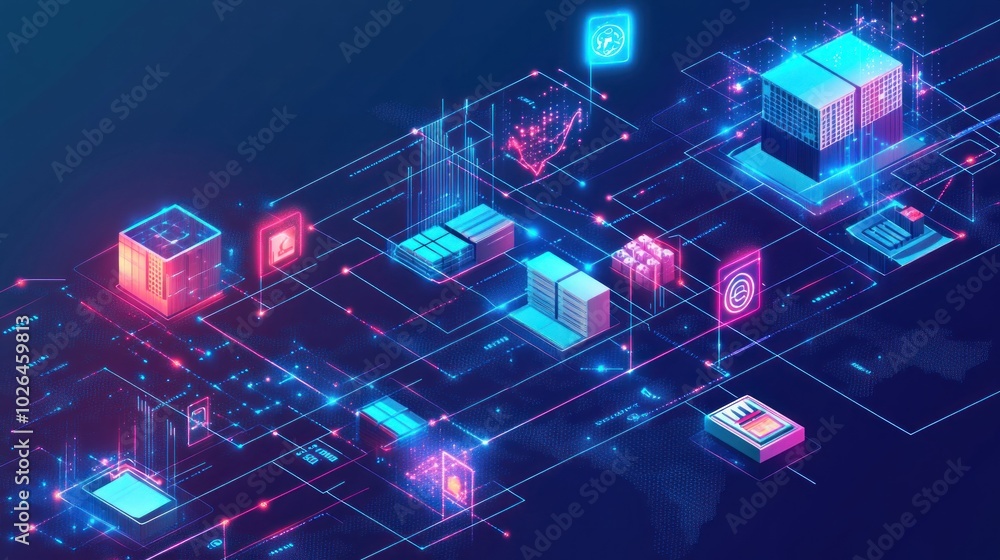 Poster a digital landscape depicting interconnected servers and data flows in a futuristic style.