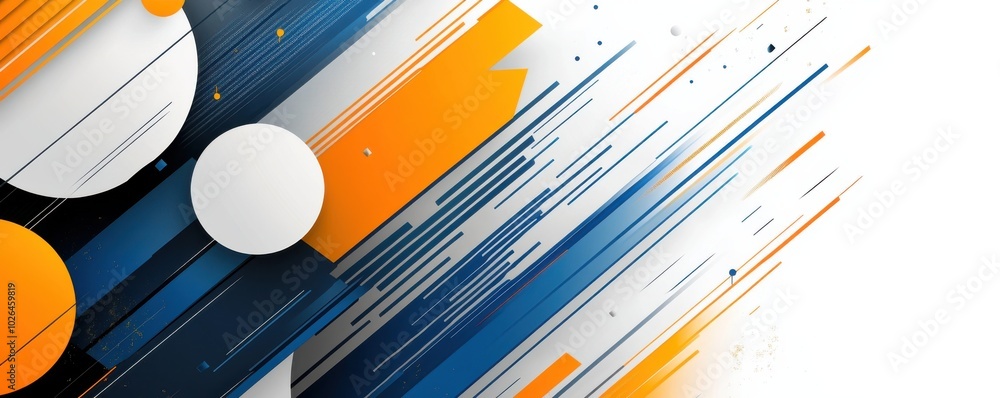 Poster abstract background with dynamic blue, orange, and white geometric shapes and lines creating a moder
