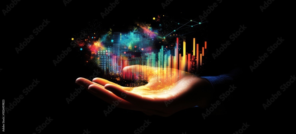 Poster a hand holding colorful data visualizations and abstract elements symbolizing creativity and innovat
