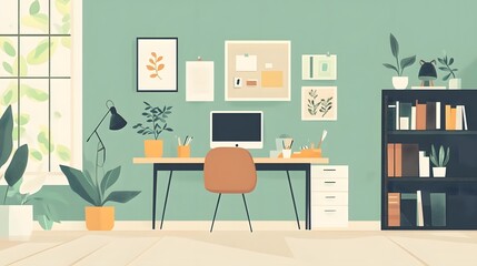 Modern Home Office with Desk, Computer, and Bookshelf