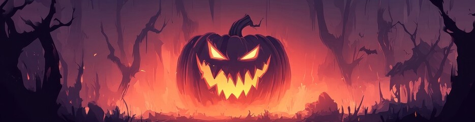 Naklejka premium A spooky Halloween scene featuring a menacing pumpkin against a dark, eerie backdrop.