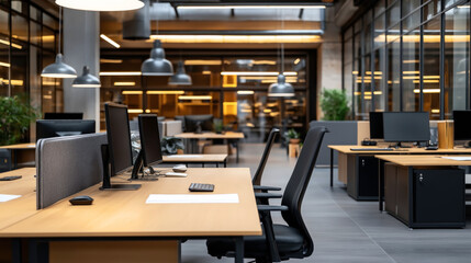 Modern open-plan office with multiple workstations, computers, and ergonomic chairs, featuring glass walls and industrial-style lighting and decor.