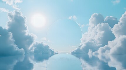 1. A serene 3D render featuring a soft blue background with fluffy white clouds gently floating in front of a large circular shape, creating an empty space ideal for product mockup display