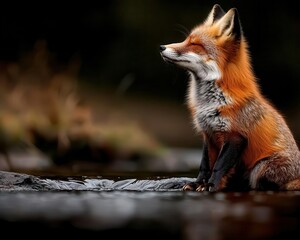 Obraz premium Fox sitting by a stream, paws together, eyes closed, cunning animal, peaceful moment