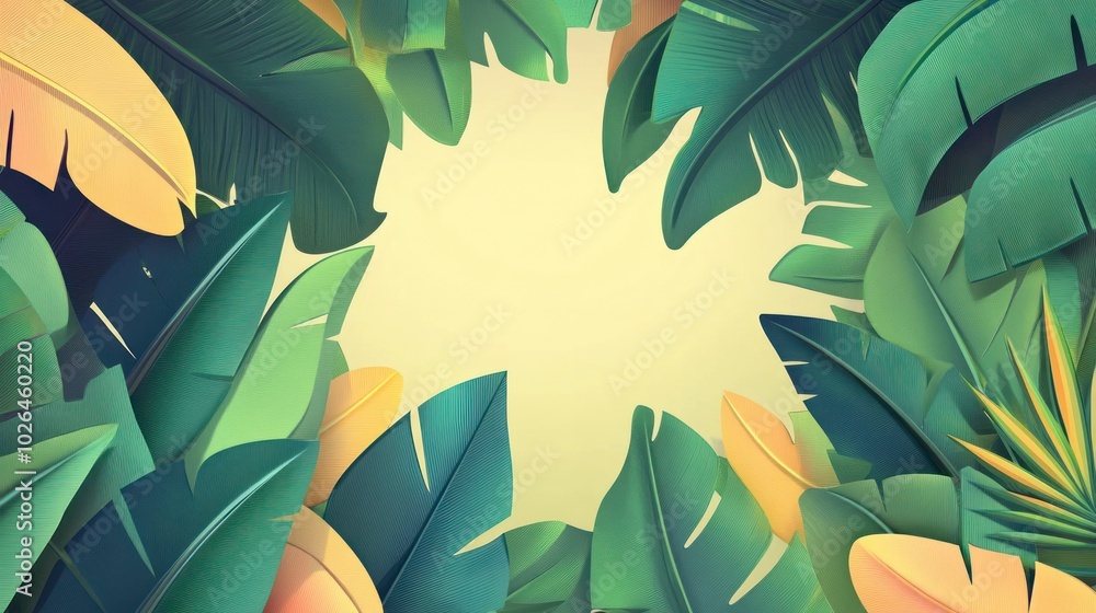 Poster A vibrant tropical leaf frame surrounding a light background, ideal for nature-themed designs.