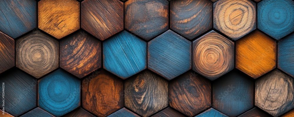 Poster abstract background with wooden hexagons in a geometric pattern showcasing rich textures and earthy 
