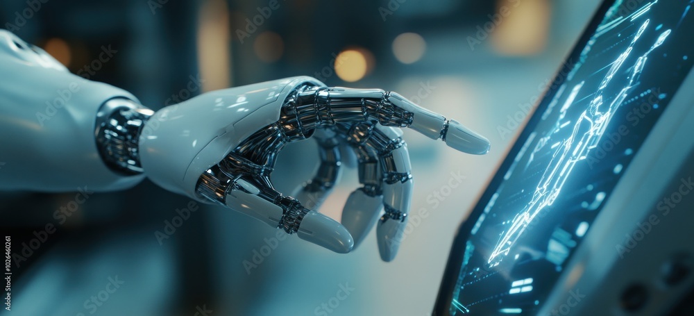 Poster a robotic hand reaching toward a digital interface, symbolizing interaction with technology.