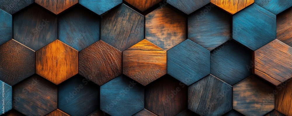 Poster abstract background featuring blue and brown wooden hexagons arranged in a geometric pattern, creati