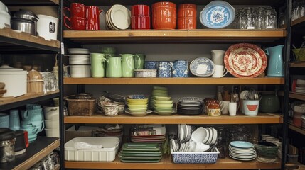 Thrift store shelves brimming with vintage household goods, promoting eco-friendly choices, including vintage kitchenware