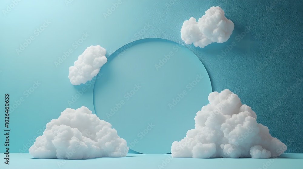 Poster 2. a minimalistic scene showcasing a vibrant blue backdrop with delicate white clouds drifting acros
