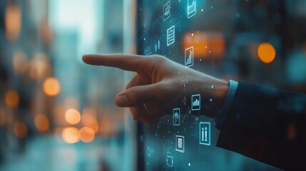 Businessman pointing at icons with digital interface overlay on blurred city background. Concept of business strategy and technology driven network.