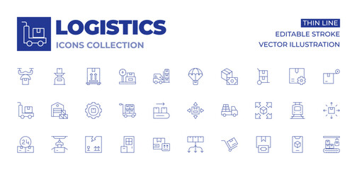 Logistics icons collection. Thin Line icons, editable stroke. settings, trolley, delivery box, delivery, conveyor belt, this side up, hours, warehouse, packaging