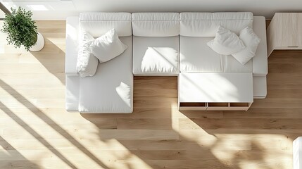 Top view of a modern living room with an empty sofa and drawer space, offering a minimalist and clean design aesthetic