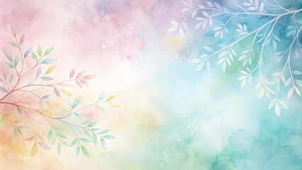 Fototapeta premium Panoramic watercolor background with pastel colors and branches