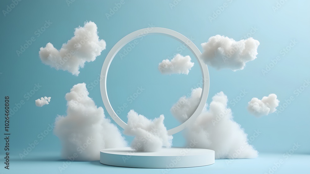Aufkleber 3. an airy 3d composition with a calming blue background, where wispy white clouds hover in front of