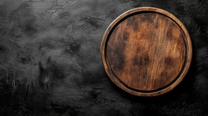 Fototapeta premium Top-down view of a barren kitchen scene, featuring a circular wooden tray or cutting board with a rustic texture, placed on a black table.