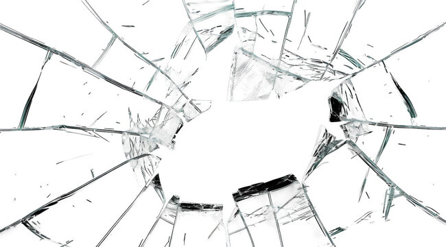 Shattered broken glass isolated on white background. Cracked surface for destruction and damage concept.