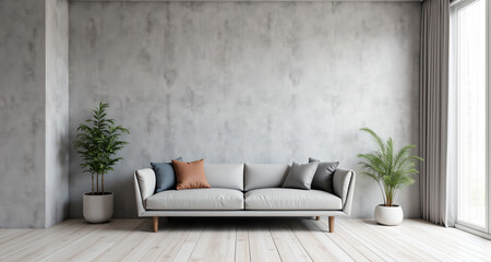 A stylish, minimalist living room featuring a sleek sofa positioned against a textured grey concrete wall