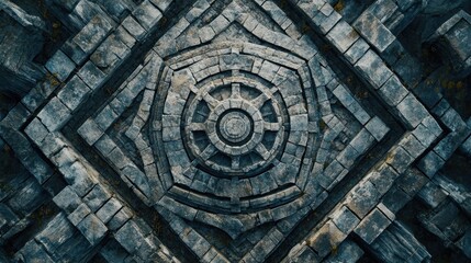 Obraz premium Aerial shot of a maze made of stone, showcasing its mysterious and complex design, with a bird-eye view of its pathways.