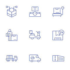 Logistics icons set. Thin Line style, editable stroke. distributed, box, package, logistic, logistics, truck, delivery car, container