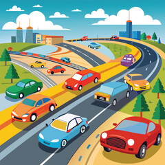 varios carros en una carretera  vector art illustration