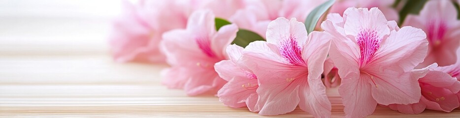 Naklejka premium A serene arrangement of pink flowers on a wooden surface, evoking tranquility and beauty.
