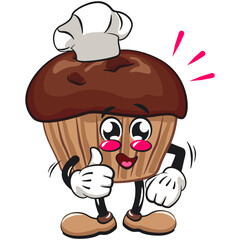 kawaii cartoon chocolate muffin with chocolate chip character mascot isolated vector illustration as chef give thumbs up, work of hand drawn
